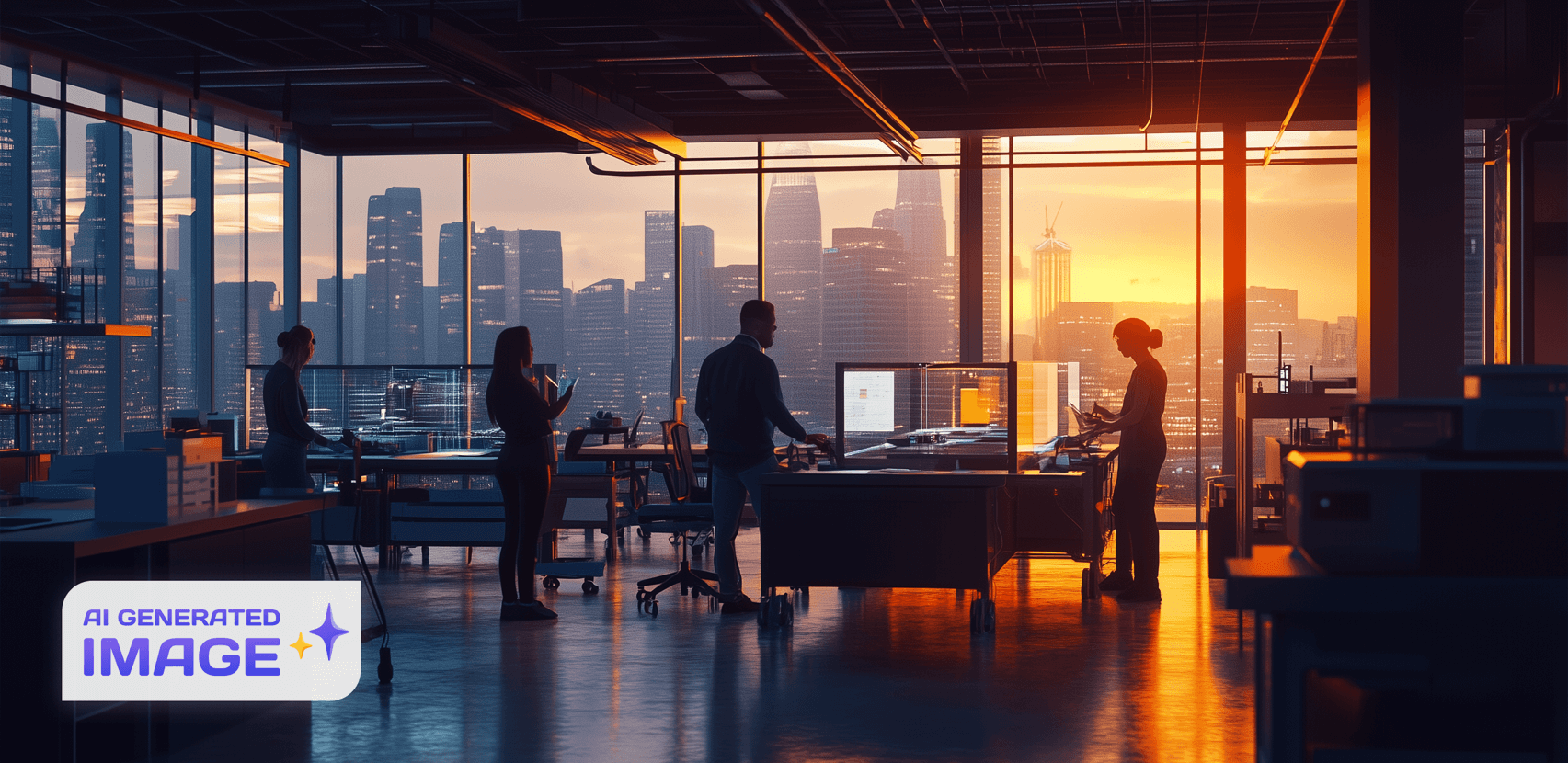 Modern office space at sunset with a team collaborating on technology projects, silhouetted against a city skyline through large windows, evoking innovation and teamwork in a corporate environment.