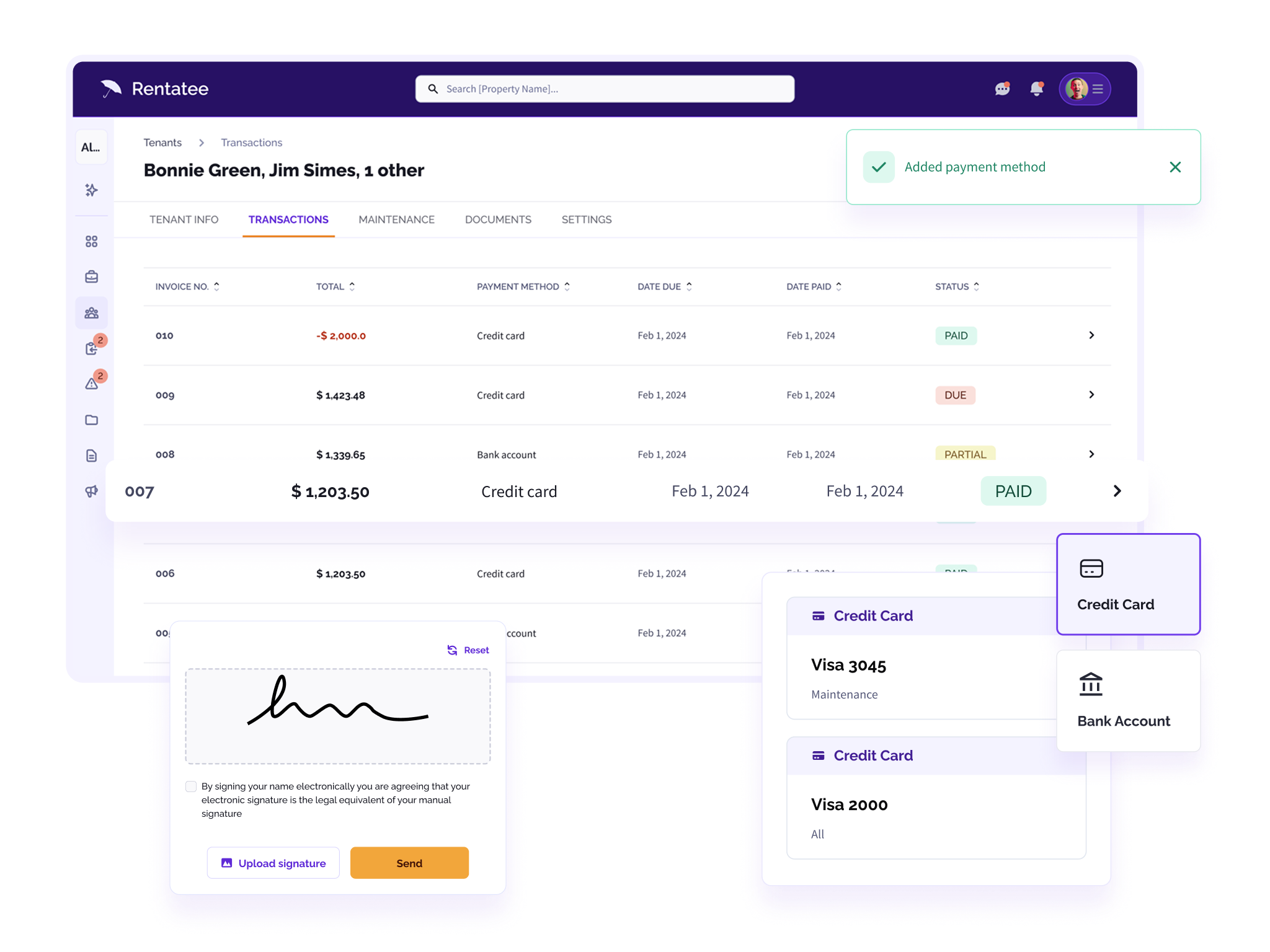 Rentatee payment dashboard showing invoice history, payment methods, e-signature status, and multi-method payment options